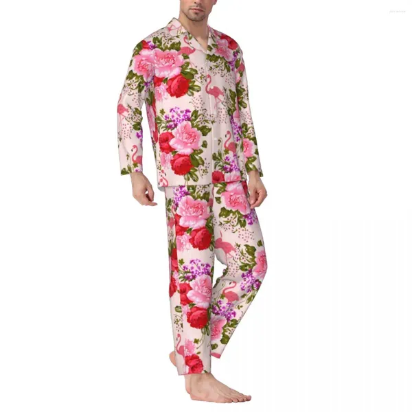 Herren-Nachtwäsche, tropischer Barock-Blumen-Frühling, Vintage-Rosa-Rosen-Retro-Übergröße-Pyjama-Set, langärmlig, Raumdesign-Nachtwäsche