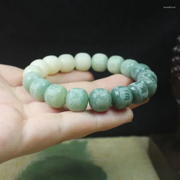 Bracciale con sei parole in pelle verde con radice di Bodhi in giada bianca e bracciale per uomo e donna