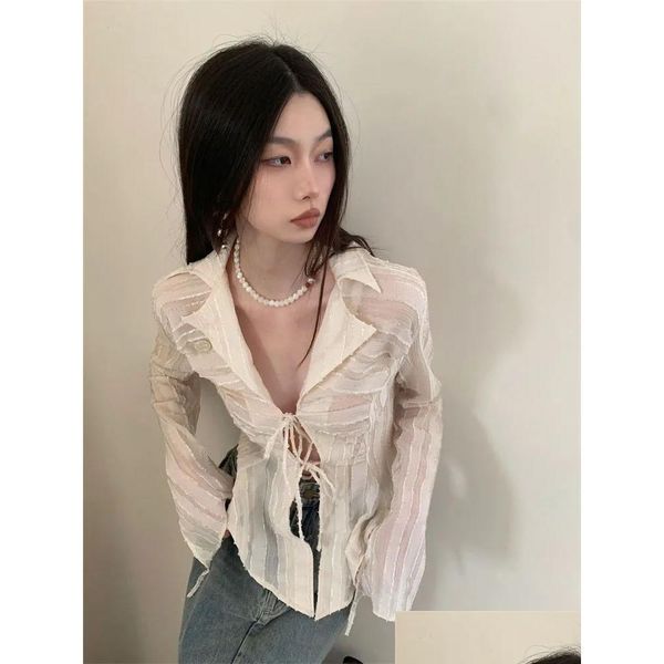 Damenblusen Hemden Yedinas Fairycore Lace Up Bluse Frauen Langarm Frühling 2023 Umlegekragen Hemd Damen Tops Koreanische Fa Ot87E