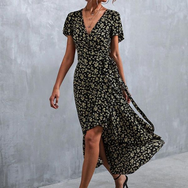 Vestidos de festa mulheres verão v pescoço manga curta divisão envoltório floral maxi vestido cintura gravata casual flowy longo boho praia femme robe