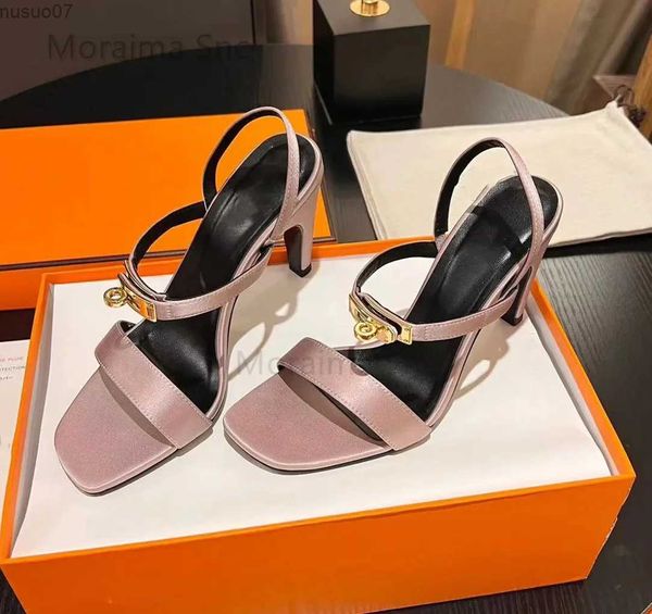 Sandalen Satin Square Toe Lock Buckle Dekorative Sandalen Damen High Heels Solid Back Strap Mode Büro Party Schuhe für Frauen SummerL2402