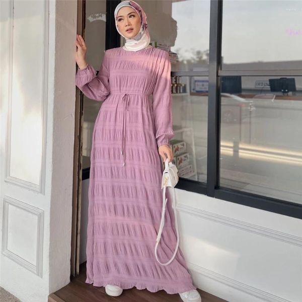 Etnik Giyim Eid Müslüman Elbise Kadınlar İçin Abaya Chiffon O Boyun Uzun Kollu Çöp Kırışık Femme Musulman Günlük Yaz Elbiseleri Ramazan