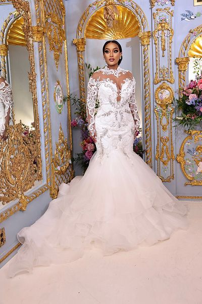 2024 Luxury Arabic Aso Ebi Mermaid Abito da sposa in pizzo Appliqued Abiti da sposa perline Abite lunghe a maniche lunghe Schermo Gioiello Spazza