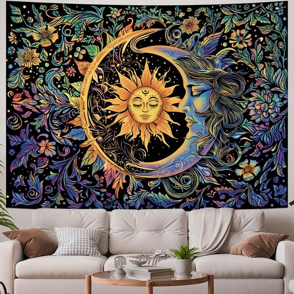 Wandteppich mit Sonne und Mond, psychedelischer mystischer Blumen-Wandteppich, Hippie-Boho-Blumen-Pflanzen-Wandteppich, Vintage-ästhetischer Wandteppich, Wandbehang für Schlafzimmer