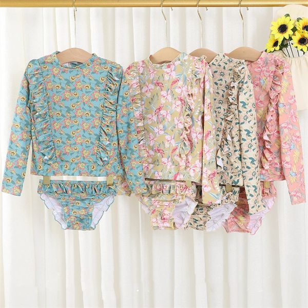 Bebê dividir maiô conjunto para menina floral impressão babados manga longa top shorts 2 pçs terno primavera verão crianças roupas meninas banho 240219