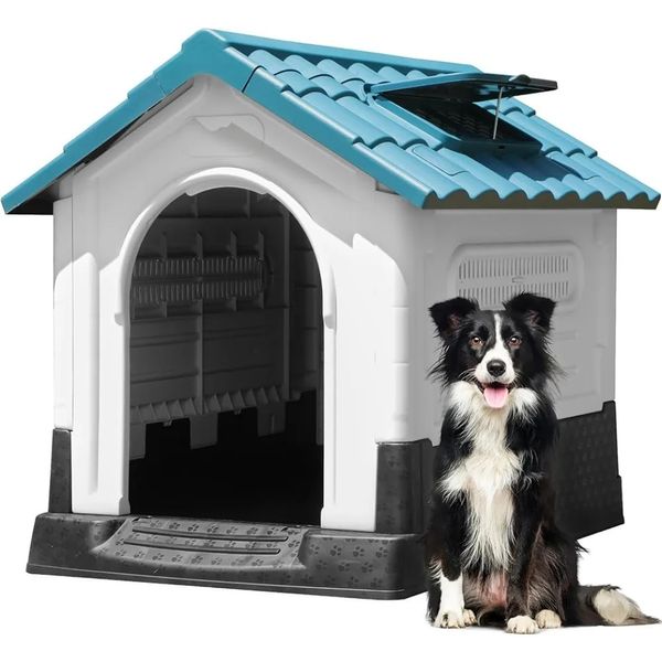 Cuccia pieghevole per cani di grandi dimensioni da esterno in plastica con lucernario regolabile e base rialzata per cani di piccola e media taglia 240220