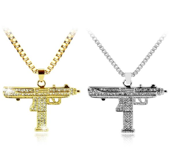 Colar de ouro uzi arma pingente colar masculino liga cristal completo bling submáquina corrente hip hop ciclista acessórios masculino jóias7730952