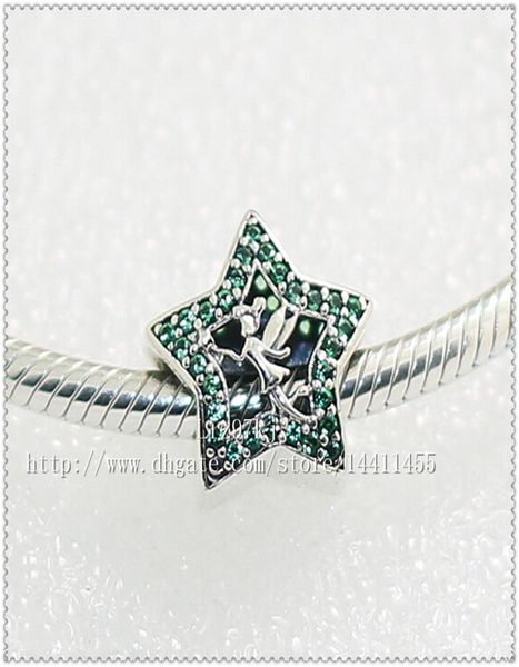 Novo 925 prata esterlina tinker bell estrela charme grânulo com cerceta cz se encaixa estilo europeu jóias pulseiras colar pingentes9308488