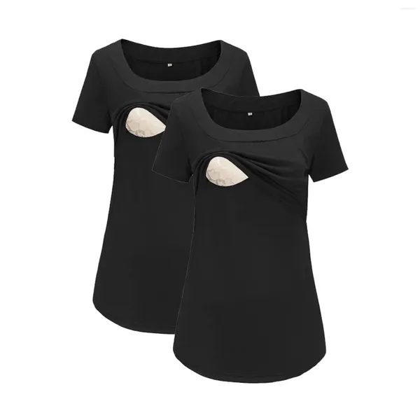 T-shirt da donna 2 pezzi Donna Casual Comoda elastica Manica corta Top da allattamento Maternità Estate Nero Regalo per l'allattamento al seno Morbido quadrato