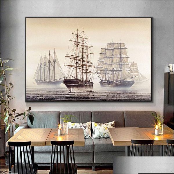 Gemälde Natürliche abstrakte Bootslandschaft Ölgemälde auf Leinwand Cuadros Mediterran Poster und Drucke Wandkunst Bild für Wohnzimmer Roo Dhfjs