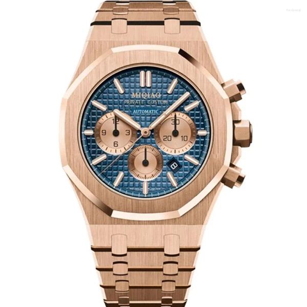 Relógios de pulso masculino quartzo cronógrafo relógio de aço inoxidável rosa ouro azul mostrador pulseira de couro safira relógio de pulso