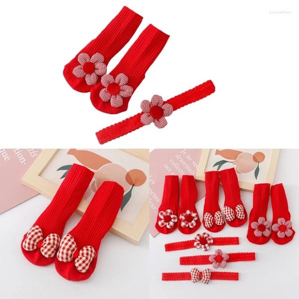 Haarschmuck, süßes Baby-Stirnband, Socken-Set, Spitze, rote Farbe, geborener Kopfschmuck, elastische Bänder