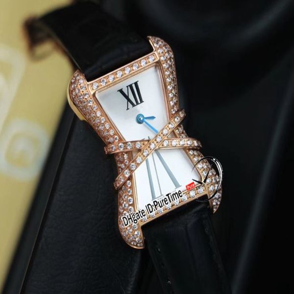 Alta joalheria libre wj306014 diamante enlacee suíço quartzo feminino relógio rosa ouro branco mop mostrador pulseira de couro preto puretime271d