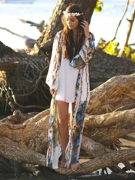 Costumi da bagno da donna Cardigan stampato bianco Copricostume da spiaggia Tuniche Chiffon Lungo caftano Bikini Robe De Plage Sarong Wrap #Q608