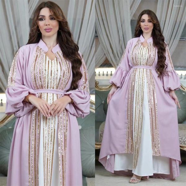 Roupas étnicas Lantejoulas Abaya Mulheres Muçulmanas Moda Festa 2 Peças Vestido Puff Manga Kimono Jalabiya Árabe Robe Dubai Kaftan Eid Turquia Vestido