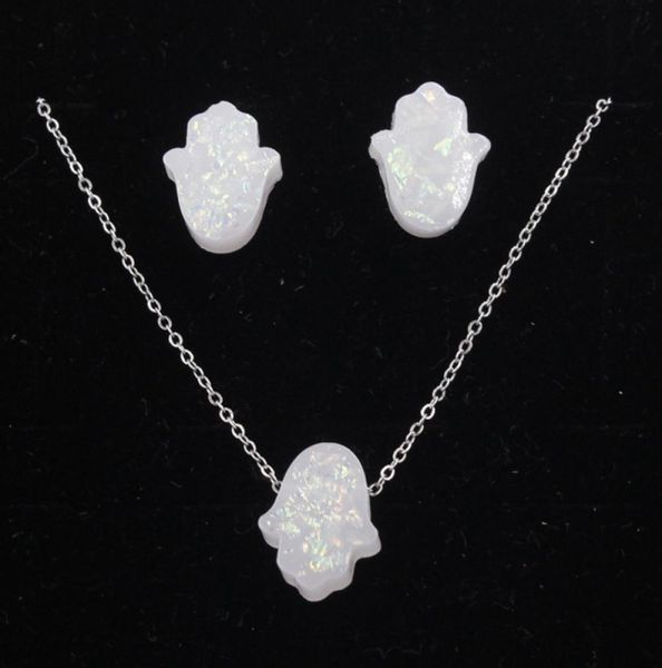 Fnixtar Feuerblauer Opal Hamsa Hand Schmucksets für Frauen Halskette Anhänger Ohrstecker OP Schmuckset Geschenk 3 Satz Lot9055940