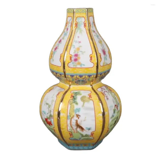 Garrafas Jingdezhen esmalte 12 padrão do zodíaco garrafa de cabaça amarela decoração de porcelana antiga