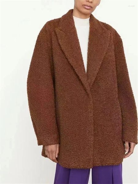 Jaquetas femininas mulheres único botão cordeiro peludo jaqueta outono inverno 2024 gola entalhada manga longa cor sólida casaco quente