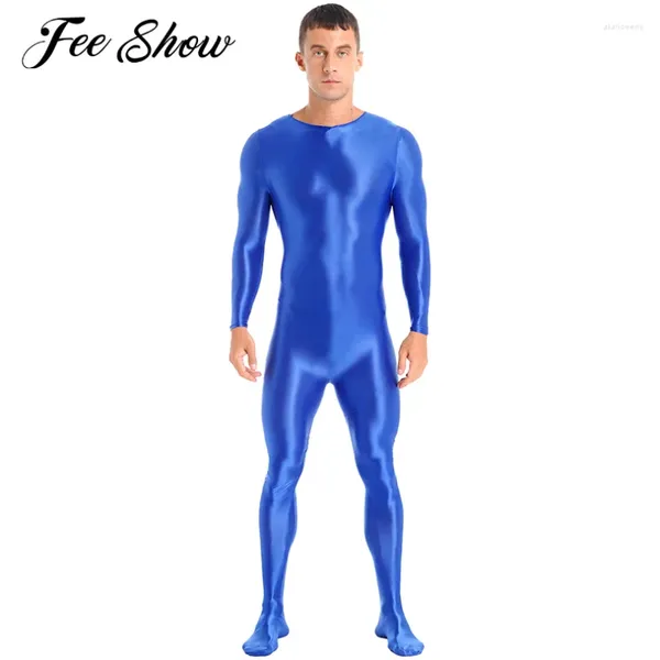 Roupa de banho masculina cor sólida natação bodysuit maiôs manga longa volta zíper brilhante bodystocking macacão roupas esportivas