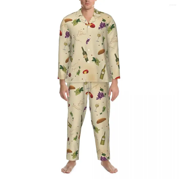 Homens sleepwear padrão de vinho primavera engraçado comida impressão casual solto oversize pijama conjuntos de manga longa macio noite gráfico casa terno