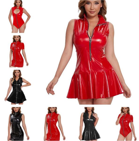 Plus Größe 5XL Frauen Sexy Glänzendes Leder Slip Kleid Erotische Ärmel Bodycon Tank Neckholder Mini Kleid Wetlook Latex Mantel Tasche hüfte Rock Sexi