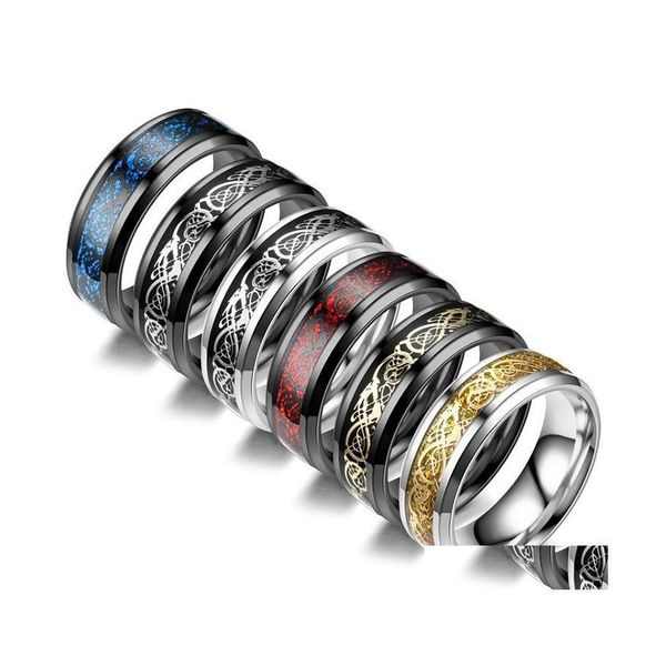 Anéis de banda moda 8mm anel de casamento para homens mulheres retro celta dragão inlay vermelho fibra de carbono tamanho 613 gota entrega jóias otsud dh0wa