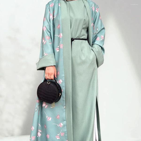 Roupas étnicas Eid Ramadan Aberto Abaya Dubai Turquia Kaftan Mulheres Muçulmanas Floral Impressão Maxi Vestido Kimono Cardigan Islâmico Robe Jalabiya