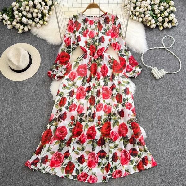 Lässige Kleider Herbst Wunderschönes Rosenblumen-Maxikleid Damen Langarm Blumenmuster