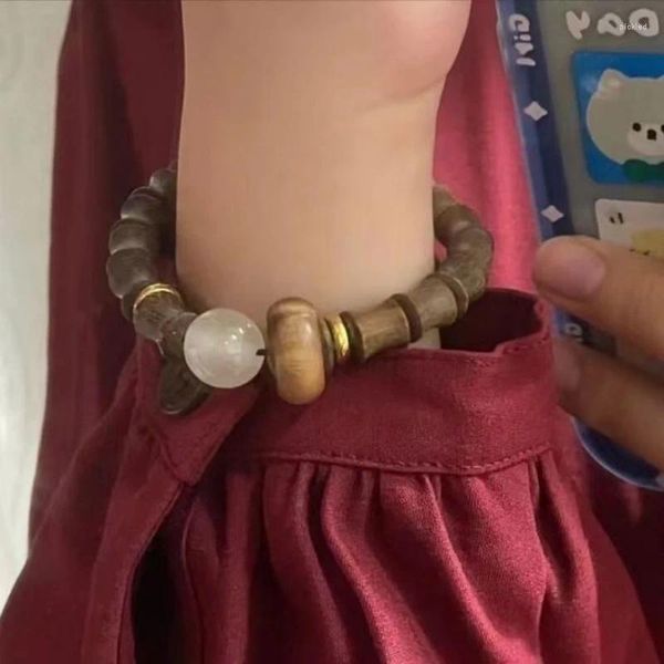 Braccialetti congiunti in legno di sandalo verde e bambù per uomo donna Perle notturne stile cinese antiche