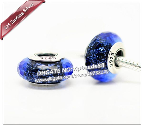 S925 gioielli in argento sterling moda blu starlight con facciata in vetro di Murano perline adatti braccialetti europei con ciondoli fai da te collana7472843