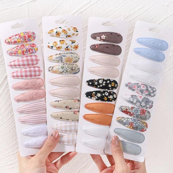 Haarschmuck 10 Teile/los Geboren Druck Baumwolle Legierung Bogen Snap Clips Set Stoff Plaid Haarnadeln Mädchen Kinder Kopfbedeckungen Baby