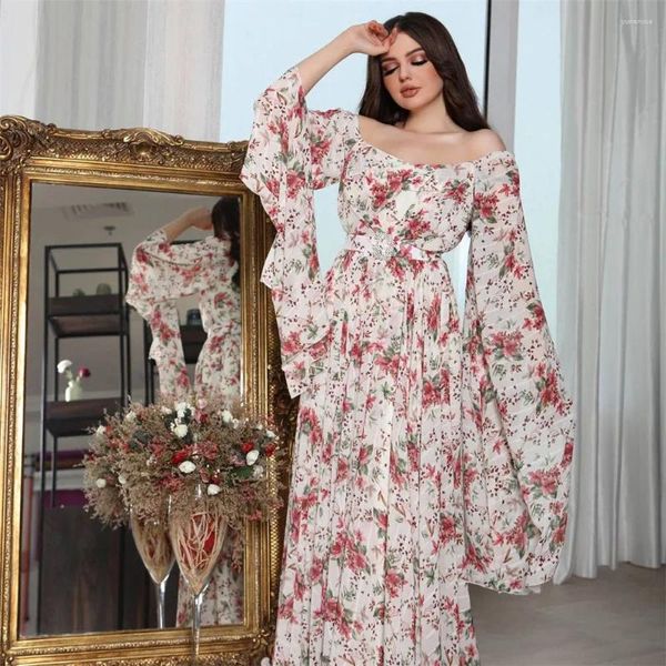 Roupas étnicas Verão Mulheres Chiffon Maxi Vestido Floral Impressão Alças Longa Noite Vestido Kaftan Abaya Dubai Turquia Robe Djellaba
