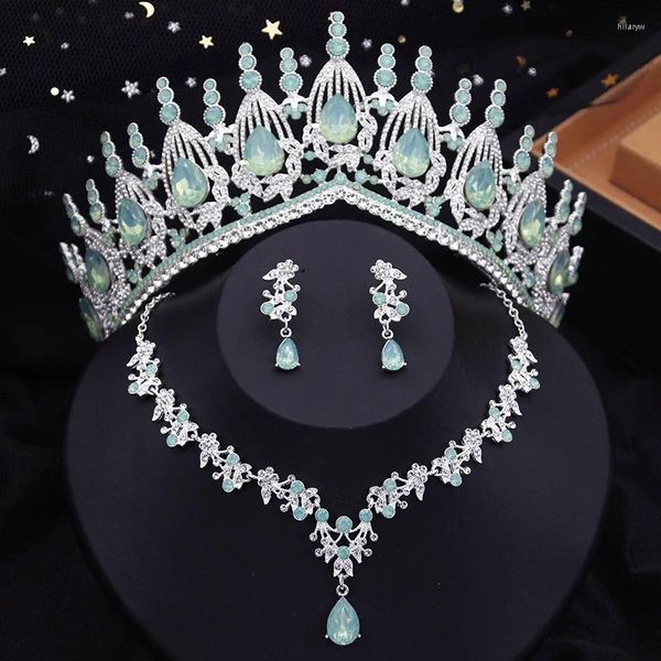 Collana orecchini set da sposa verde con diadema, gioielli, corona della sposa e principessa, festa di matrimonio, ballo di fine anno