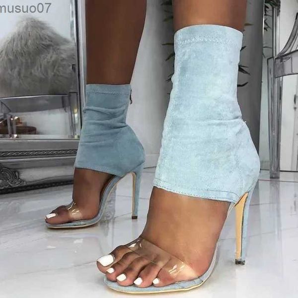 Sandali 2019 sandali da donna con tacco alto con cerniera in cristallo PVC sexy peep toe moda denim elasticizzato scarpe estive da donnaL2402