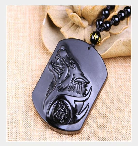 Obsidian Wolf Kopf Halskette Anhänger Geschnitzte Stein Wolf Totems Glück Amulett Perlen Halsketten Für Frauen Männer Coole Schmuck2108279