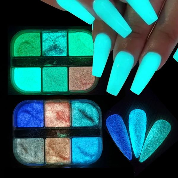 Pó luminoso de glitter para unhas, brilho neon no escuro, lantejoulas de fósforo misturado, pigmento brilhante, decorações de arte 240219