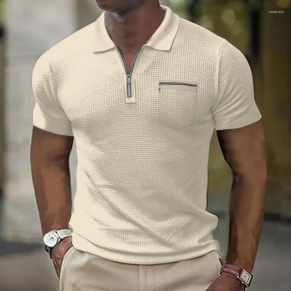 Herren Polos 2024 Sommer Männer Kurzarm Poloshirt Lässig Reine Farbe Büro Mode Waffel Stoff T-Shirt Atmungsaktiv