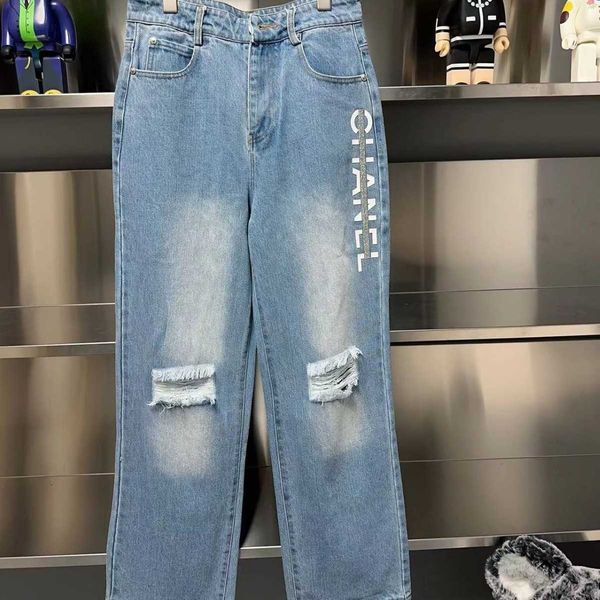 Springsummer yeni niş tasarım modaya uygun mektup süslemeleri yıkanmış düz bacak kot pantolon