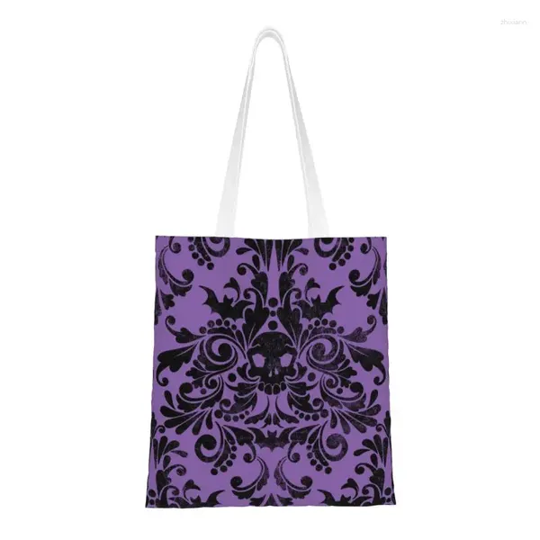 Sacos de compras Crânio Damask Padrão Mercearia Tote Mulheres Bonito Halloween Bruxa Goth Oculto Lona Shopper Bolsas de Ombro