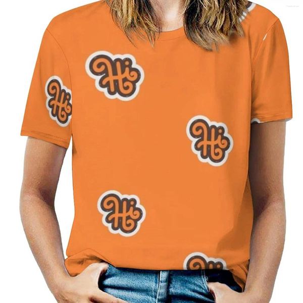Magliette da donna T-shirt da donna Ciao Primavera ed estate Pullover girocollo stampato Top Tipografia divertente Colore colorato Arancione Brun Vector