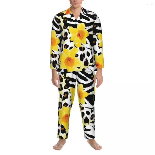 Homens sleepwear preto leopardo outono flores imprimir casual pijamas de tamanho grande conjunto homens mangas compridas quarto romântico personalizado nightwear