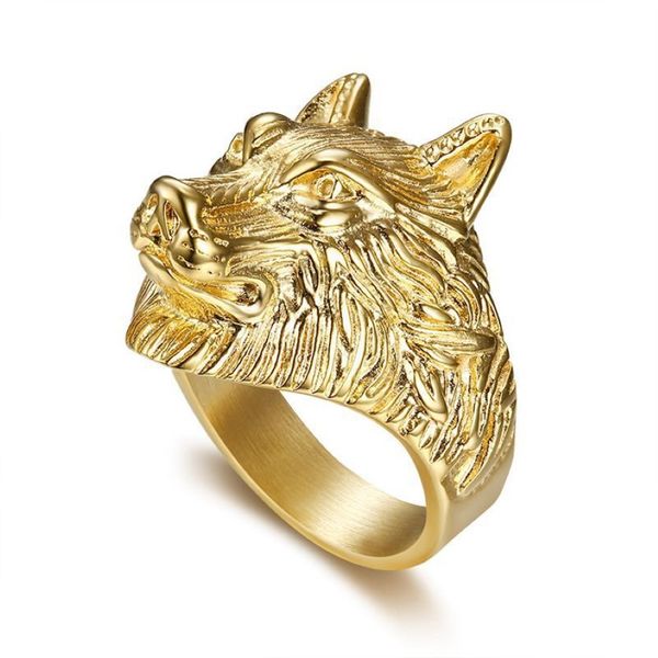 moda Anello testa di lupo Anello in acciaio inossidabile color oro 316L uomo personalità animale nordico gioielli popolari regalo284q