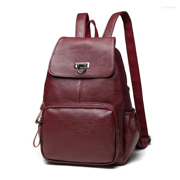 Sacos escolares moda coreano mochila de couro 2024 mochila para meninas mulheres casual saco de viagem estudante feminino vinho vermelho mochilas