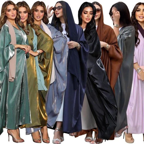 Etnik Giyim Moda Uzun Kollu Katı Kaftan Müslüman Parlak Saten Yarasa Abayas Kadınlar İçin Büyük Boy Elbise Kadınlar