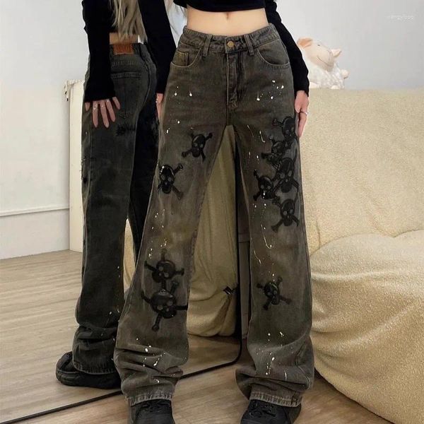 Pantaloni da donna jeans con toppa con teschio spruzzato in pelle ricamati pantaloni a gamba larga a vita alta moda retrò americana pantaloni stile hip hop harajuku