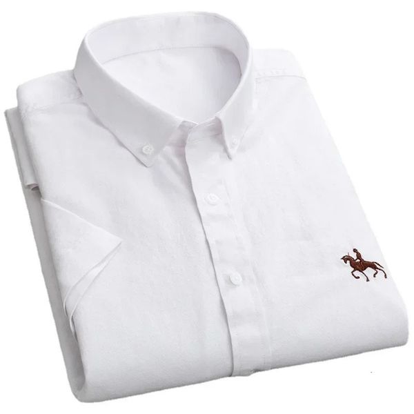 Manga curta para homens camisa 100% algodão oxford bordado cavalo casual sem bolso sólido mens vestido camisas plus size 6xl 240223