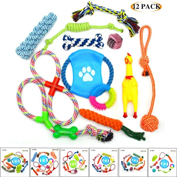 Spielzeug 12-teiliges Kauseilspielzeug für Hunde, langlebiges, interaktives Welpen-Zähneknirschspielzeug, Zahnen, Reinigungsspielzeug-Set, Quietschspielzeug für Hunde, Bissbälle