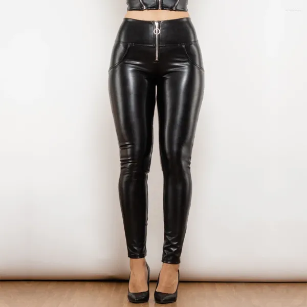 Pantaloni da donna Shascullfites Melody Vita alta Nero lucido Anello Cerniera PU Pelle Elastica Push Up Leggings Bum Lift