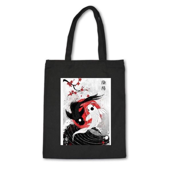 Alışveriş çantaları Japon tarzı tuval çanta pamuklu yüksek kaliteli siyah unisex çanta balık baskısı özel kumaş bolsa de mano282k