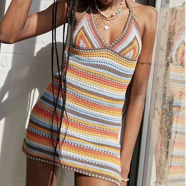 Abiti casual Donna Halter Mini abito aderente 2024 Estate a righe lavorato a maglia senza maniche Backless Color Block Crochet corto S-L